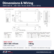 HRPG-450-15 dimensions 218 x 105 x 41 mm (8.58 x 4.13 x 1.61 in), mechanical drawing and terminal pin assignment