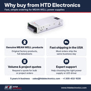 Why buy the MEAN WELL HRPG-450-15 from HTD Electronics: genuine MEAN WELL products with full datasheets, fast USA shipping, volume and project quotes, expert support