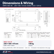 HRPG-450-48 dimensions 218 x 105 x 41 mm (8.58 x 4.13 x 1.61 in), mechanical drawing and terminal pin assignment