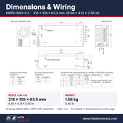 HRPG-600-3.3 dimensions 218 x 105 x 63.5 mm (8.58 x 4.13 x 2.50 in), mechanical drawing and terminal pin assignment