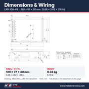 LRS-100-48 dimensions 129 x 97 x 30 mm (5.08 x 3.82 x 1.18 in), mechanical drawing and terminal pin assignment
