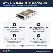 Por qué comprar el MEAN WELL LRS-200-15 en HTD Electronics: productos MEAN WELL genuinos con fichas técnicas completas, envío rápido en EE. UU., cotizaciones por volumen y para proyectos, soporte experto