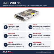Especificaciones del LRS-200-15: salida 15V DC 14A, 210W, entrada 90-132 / 180-264VAC, eficiencia 88%, IEC/UL62368-1