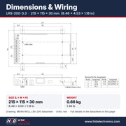 LRS-200-3.3 dimensions 215 x 115 x 30 mm (8.46 x 4.53 x 1.18 in), mechanical drawing and terminal pin assignment