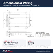 Dimensiones del LRS-200-36: 215 x 115 x 30 mm (8.46 x 4.53 x 1.18 in), dibujo mecánico y asignación de terminales