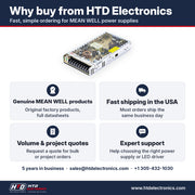 Por qué comprar el MEAN WELL LRS-200-36 en HTD Electronics: productos MEAN WELL genuinos con fichas técnicas completas, envío rápido en EE. UU., cotizaciones por volumen y para proyectos, soporte experto