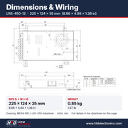 LRS-450-12 dimensions 225 x 124 x 35 mm (8.86 x 4.88 x 1.38 in), mechanical drawing and terminal pin assignment