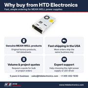 Why buy the MEAN WELL LRS-450-12 from HTD Electronics: genuine MEAN WELL products with full datasheets, fast USA shipping, volume and project quotes, expert support