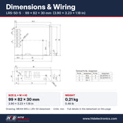 LRS-50-5 dimensions 99 x 82 x 30 mm (3.90 x 3.23 x 1.18 in), mechanical drawing and terminal pin assignment