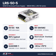 LRS-50-5 specifications: 5V DC 10A, 50W, input 85-264VAC, 83% efficiency, UL62368-1