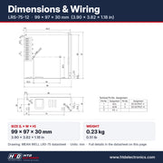 LRS-75-12 dimensions 99 x 97 x 30 mm (3.90 x 3.82 x 1.18 in), mechanical drawing and terminal pin assignment