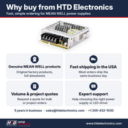 Why buy the MEAN WELL LRS-75-12 from HTD Electronics: genuine MEAN WELL products with full datasheets, fast USA shipping, volume and project quotes, expert support