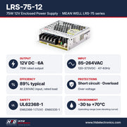 LRS-75-12 specifications: 12V DC 6A, 72W, input 85-264VAC, 89% efficiency, UL62368-1