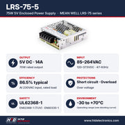LRS-75-5 specifications: 5V DC 14A, 70W, input 85-264VAC, 86.5% efficiency, UL62368-1