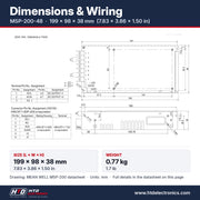 Dimensiones del MSP-200-48: 199 x 98 x 38 mm (7.83 x 3.86 x 1.50 in), dibujo mecánico y asignación de terminales