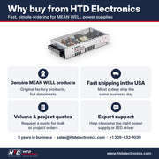 Por qué comprar el MEAN WELL MSP-200-48 en HTD Electronics: productos MEAN WELL genuinos con fichas técnicas completas, envío rápido en EE. UU., cotizaciones por volumen y para proyectos, soporte experto