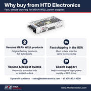 Por qué comprar el MEAN WELL MSP-200-5 en HTD Electronics: productos MEAN WELL genuinos con fichas técnicas completas, envío rápido en EE. UU., cotizaciones por volumen y para proyectos, soporte experto