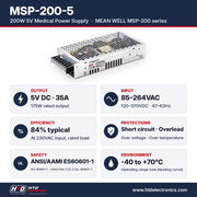 Especificaciones del MSP-200-5: salida 5V DC 35A, 175W, entrada 85-264VAC, eficiencia 84%, ANSI/AAMI ES60601-1