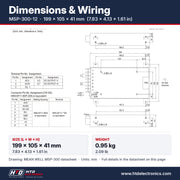 MSP-300-12 dimensions 199 x 105 x 41 mm (7.83 x 4.13 x 1.61 in), mechanical drawing and terminal pin assignment