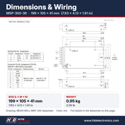 MSP-300-36 dimensions 199 x 105 x 41 mm (7.83 x 4.13 x 1.61 in), mechanical drawing and terminal pin assignment