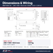 Dimensiones del MSP-600-24: 218 x 105 x 63.5 mm (8.58 x 4.13 x 2.50 in), dibujo mecánico y asignación de terminales