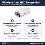 Por qué comprar el MEAN WELL MSP-600-24 en HTD Electronics: productos MEAN WELL genuinos con fichas técnicas completas, envío rápido en EE. UU., cotizaciones por volumen y para proyectos, soporte experto