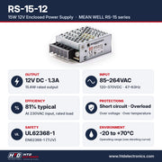RS-15-12 specifications: 12V DC 1.3A, 15.6W, input 85-264VAC, 81% efficiency, UL62368-1