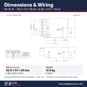 RS-15-15 dimensions 62.5 x 51 x 28 mm (2.46 x 2.01 x 1.10 in), mechanical drawing and terminal pin assignment