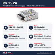 RS-15-24 specifications: 24V DC 0.625A, 15W, input 85-264VAC, 82% efficiency, UL62368-1