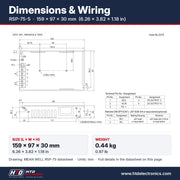 Dimensiones del RSP-75-5: 159 x 97 x 30 mm (6.26 x 3.82 x 1.18 in), dibujo mecánico y asignación de terminales