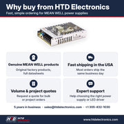 Por qué comprar el MEAN WELL RSP-75-5 en HTD Electronics: productos MEAN WELL genuinos con fichas técnicas completas, envío rápido en EE. UU., cotizaciones por volumen y para proyectos, soporte experto